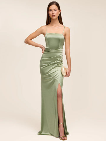 Sage green satin evening dress with square neckline, spaghetti straps, ruched waist, side slit, and fitted sheath silhouette by VEDRESS