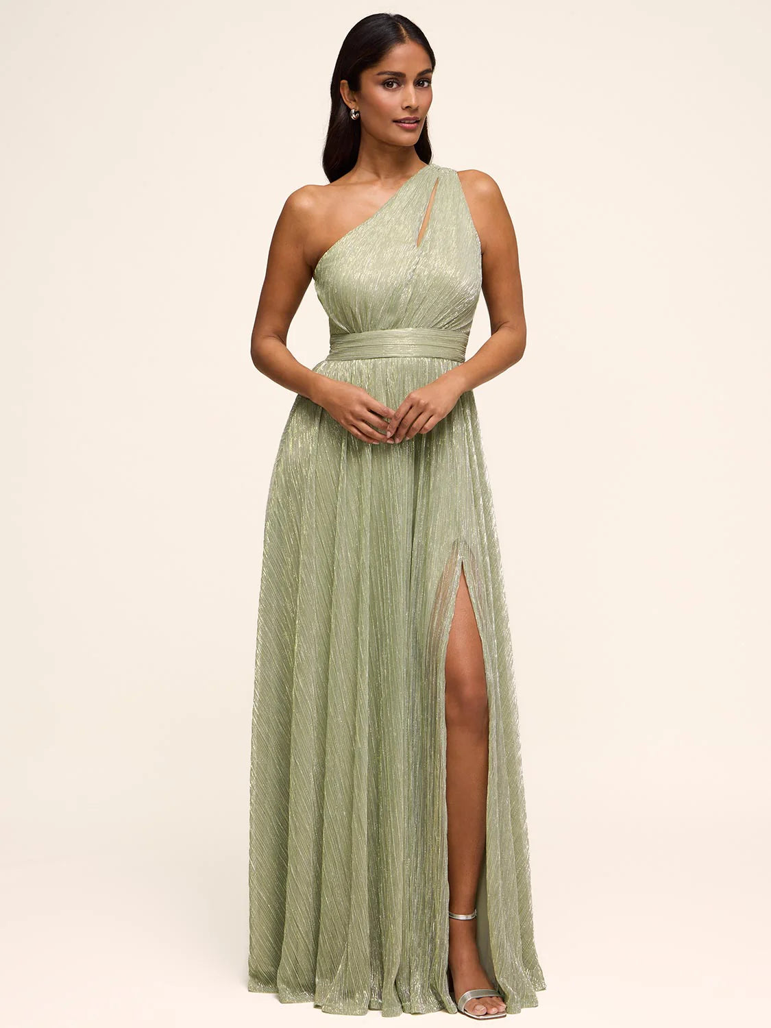 One-shoulder pleated shimmer bridesmaid gown with sleeveless bodice, defined waist, high slit, and floor-length A-line skirt by Vedress