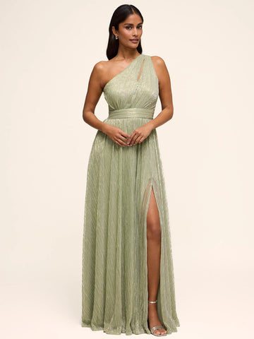 One-shoulder pleated shimmer bridesmaid gown with sleeveless bodice, defined waist, high slit, and floor-length A-line skirt by Vedress