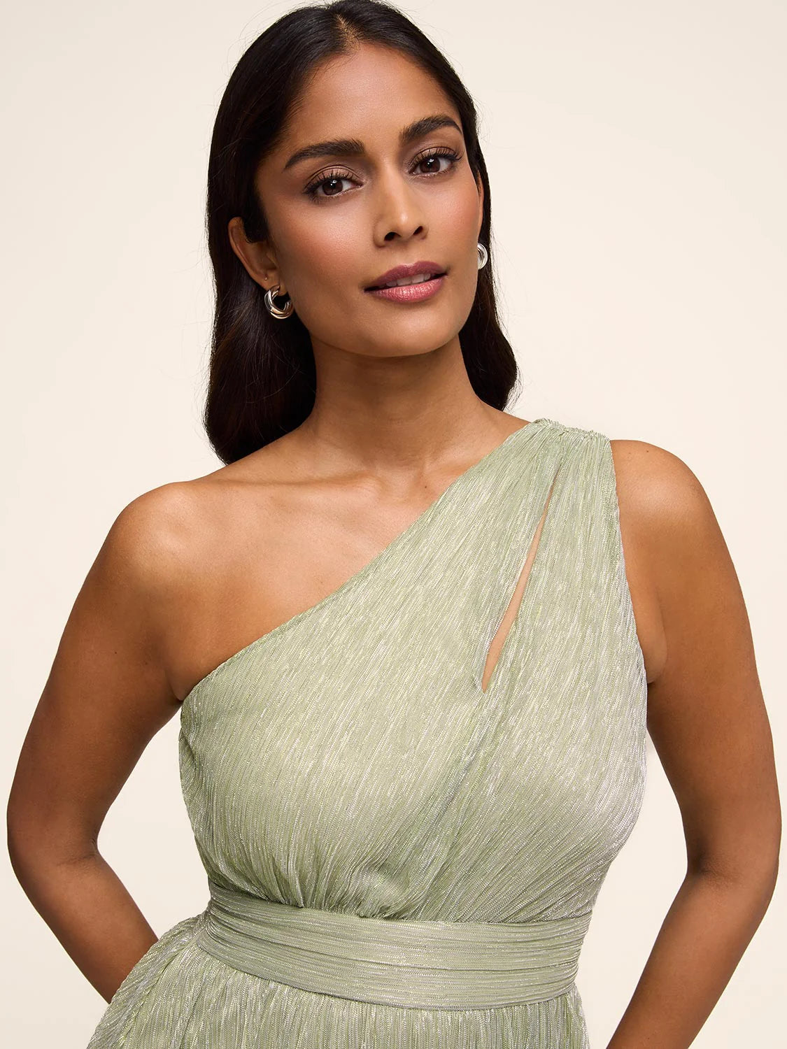 Graceful A-Line One-Shoulder Sleeveless Shimmer Pleated Slit Bridesmaid Gown