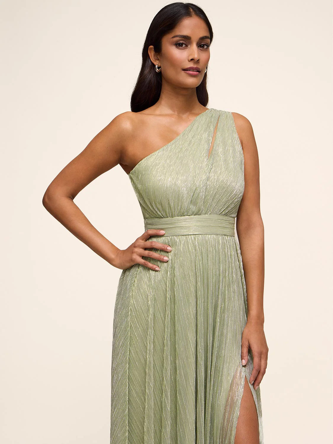Graceful A-Line One-Shoulder Sleeveless Shimmer Pleated Slit Bridesmaid Gown