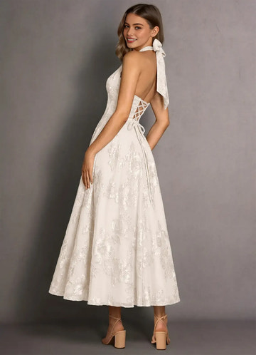 Romantic A-line Halter Sleeveless Lace Midi Lace-up Back Wedding Guest Dress