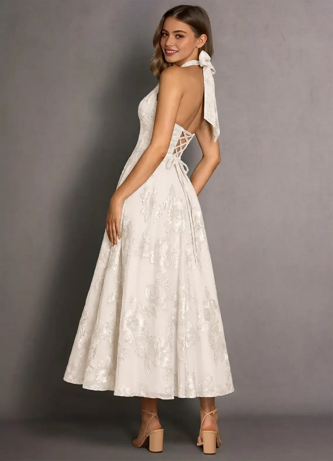 Romantic A-line Halter Sleeveless Lace Midi Lace-up Back Wedding Guest Dress