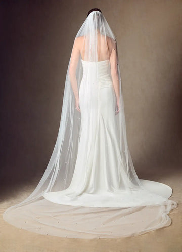 Ethereal Sheer Tulle Scattered Pearl Cathedral Length Bridal Wedding Veil