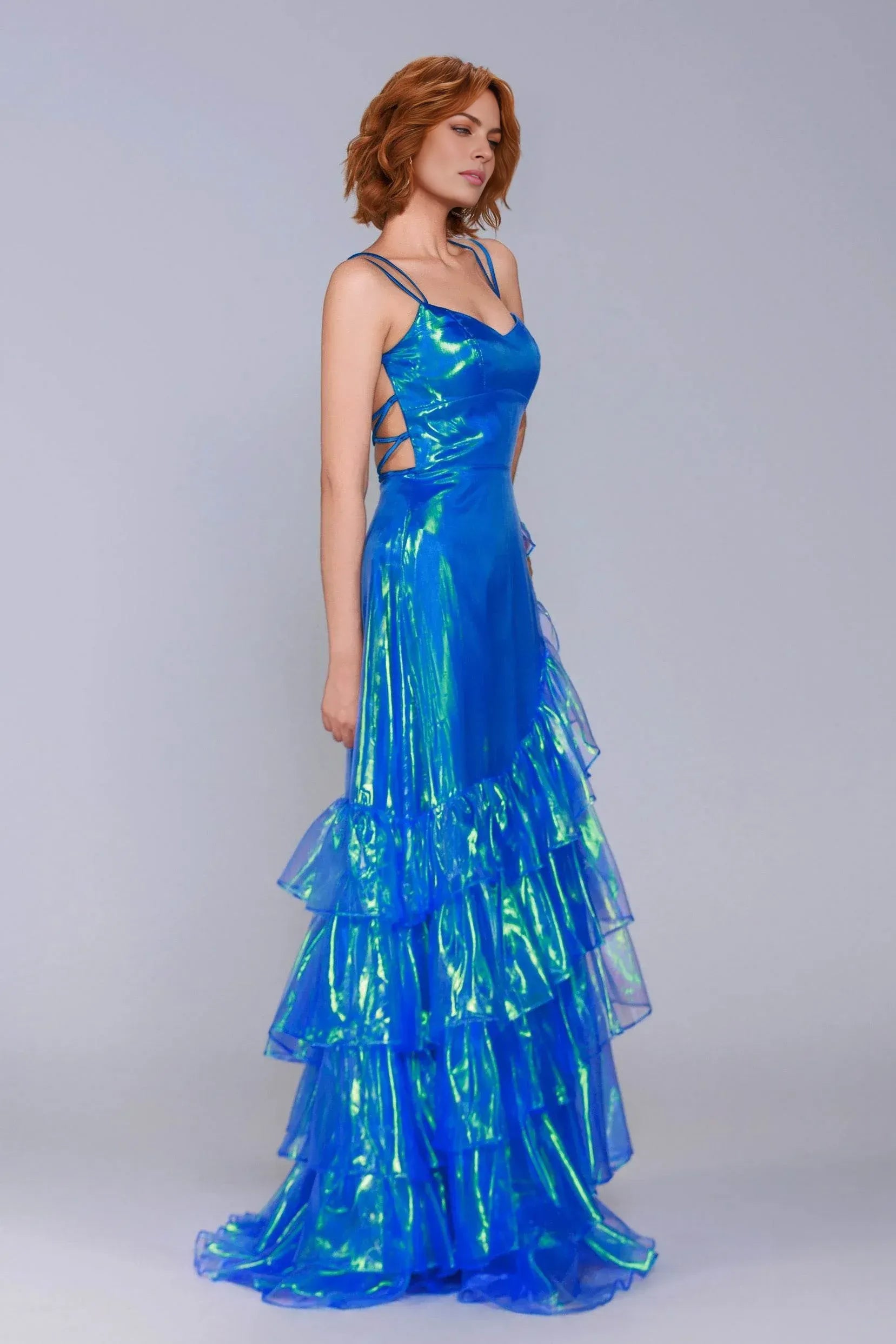 Statement A-Line Spaghetti Strap Iridescent Organza Ruffle Prom Gown Evening Dress