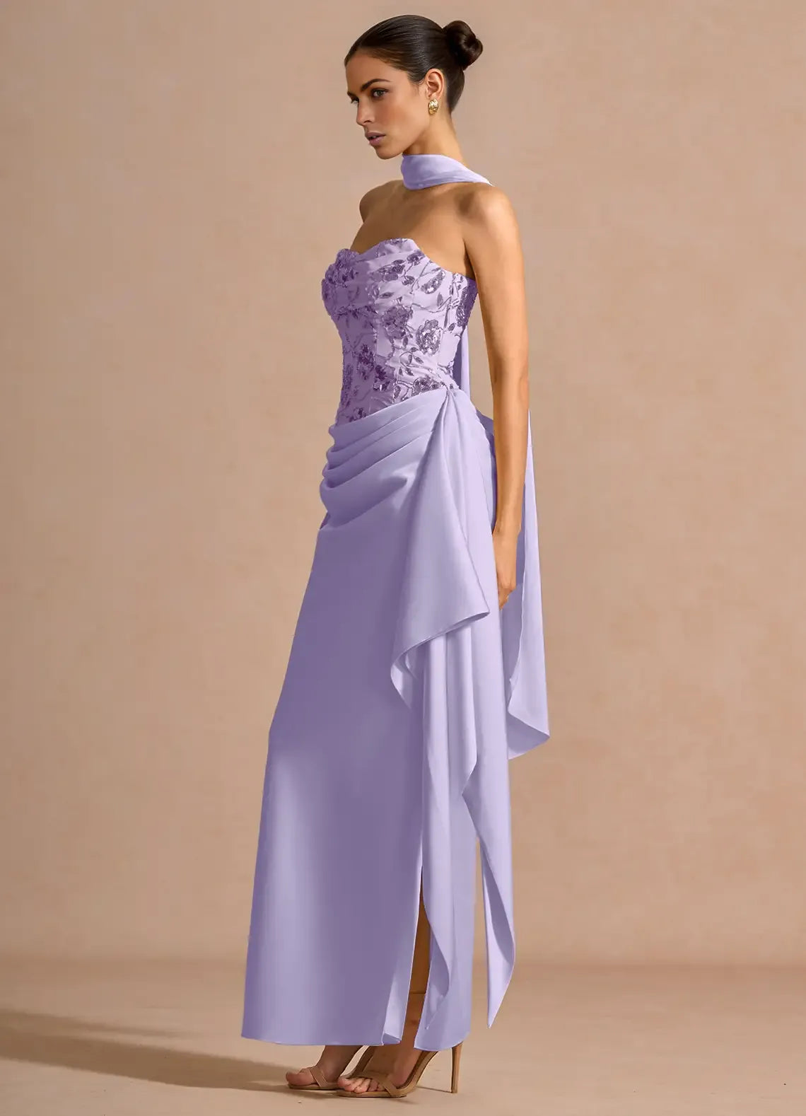 Mermaid Strapless Sleeveless Lace Satin Maxi Scarf Lace-up Formal Evening Dress