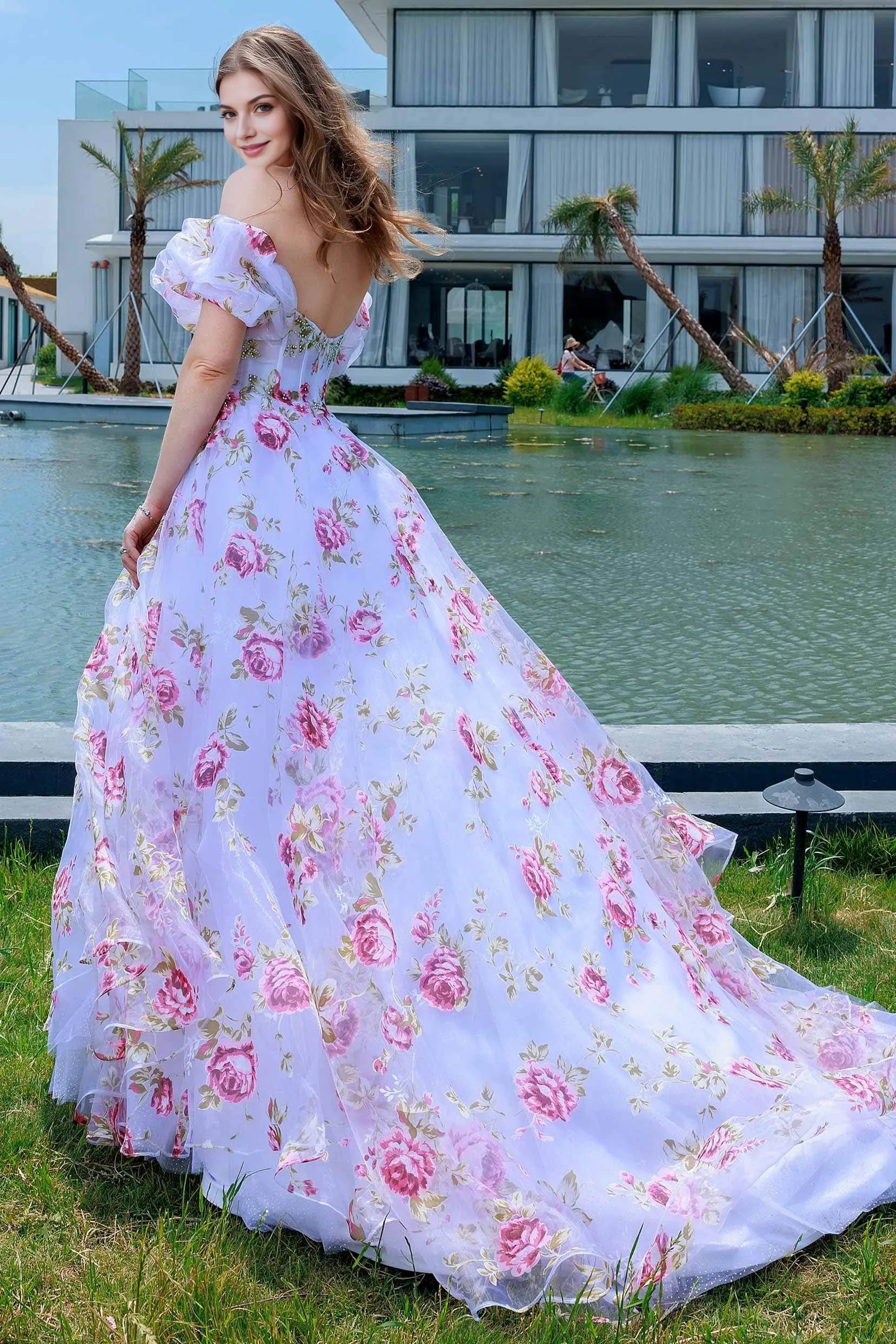 Romantic A-Line Sweetheart Off-Shoulder Floral Print Organza Sweep-Brush Train Prom Gown