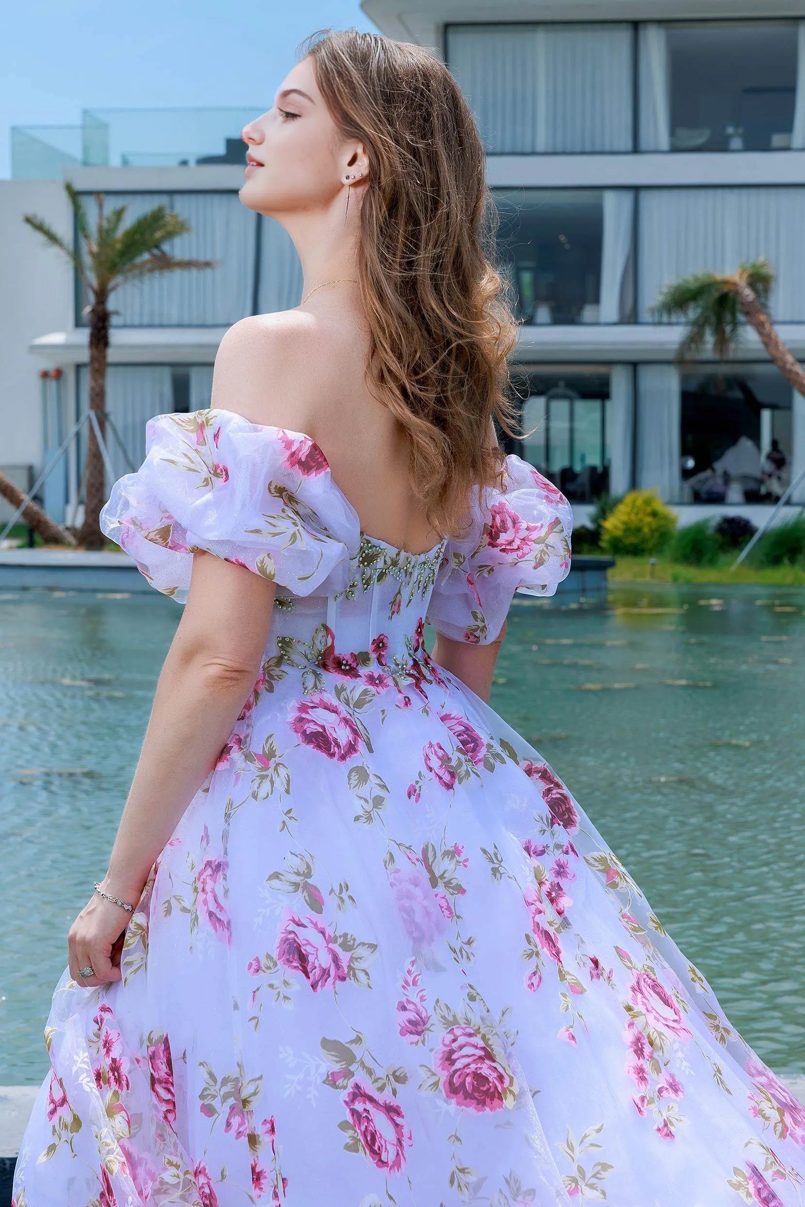 Romantic A-Line Sweetheart Off-Shoulder Floral Print Organza Sweep-Brush Train Prom Gown