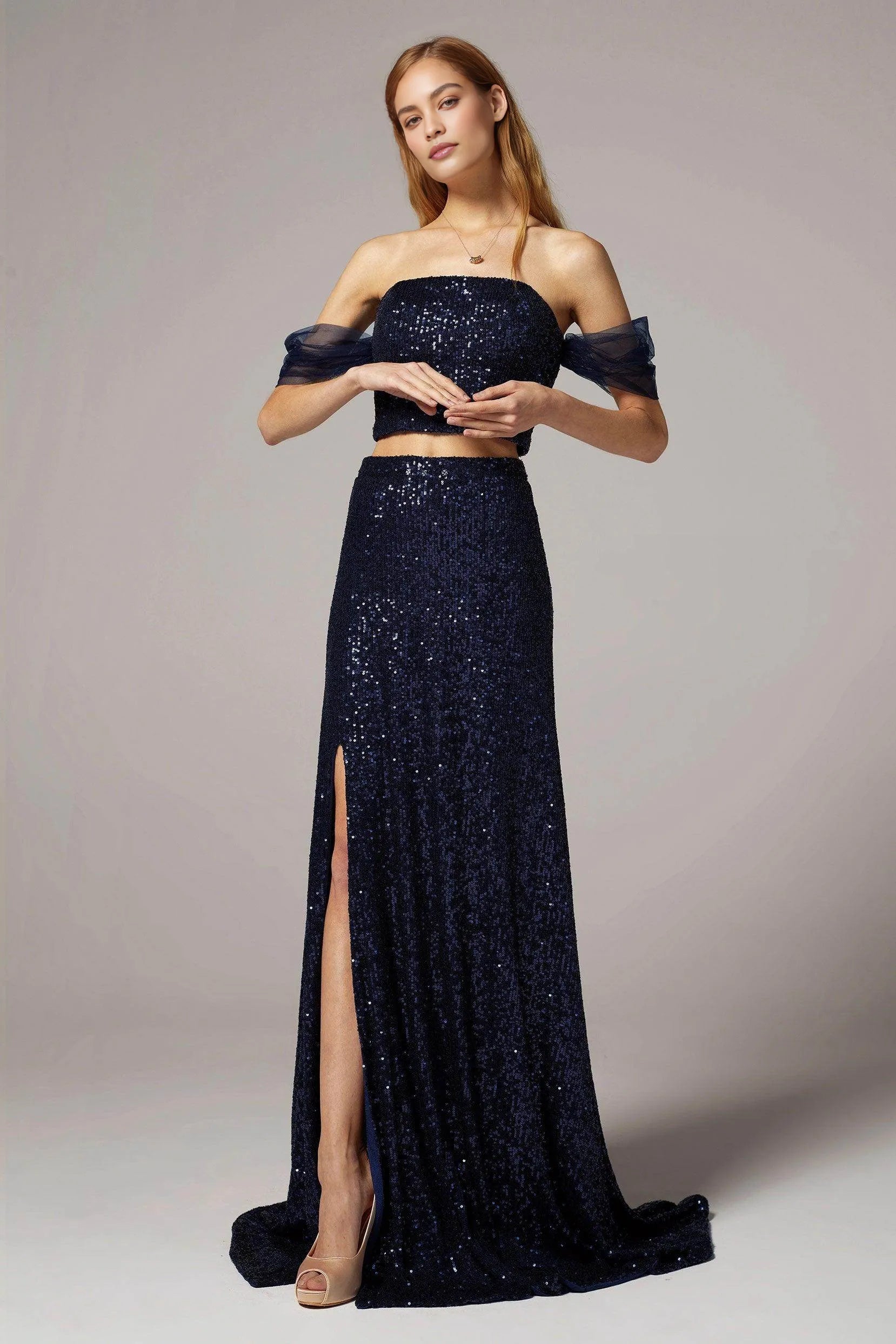 Modern Two-Piece Straight Neck Off-Shoulder Sequin Slit Prom Dress With Train
