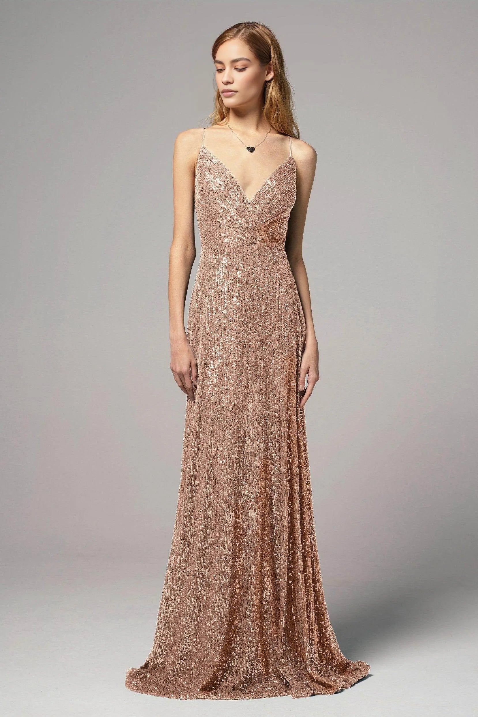 Sheath V-Neck Sleeveless Sequin Open Back Lace-Up Slit Evening Dress With Train
