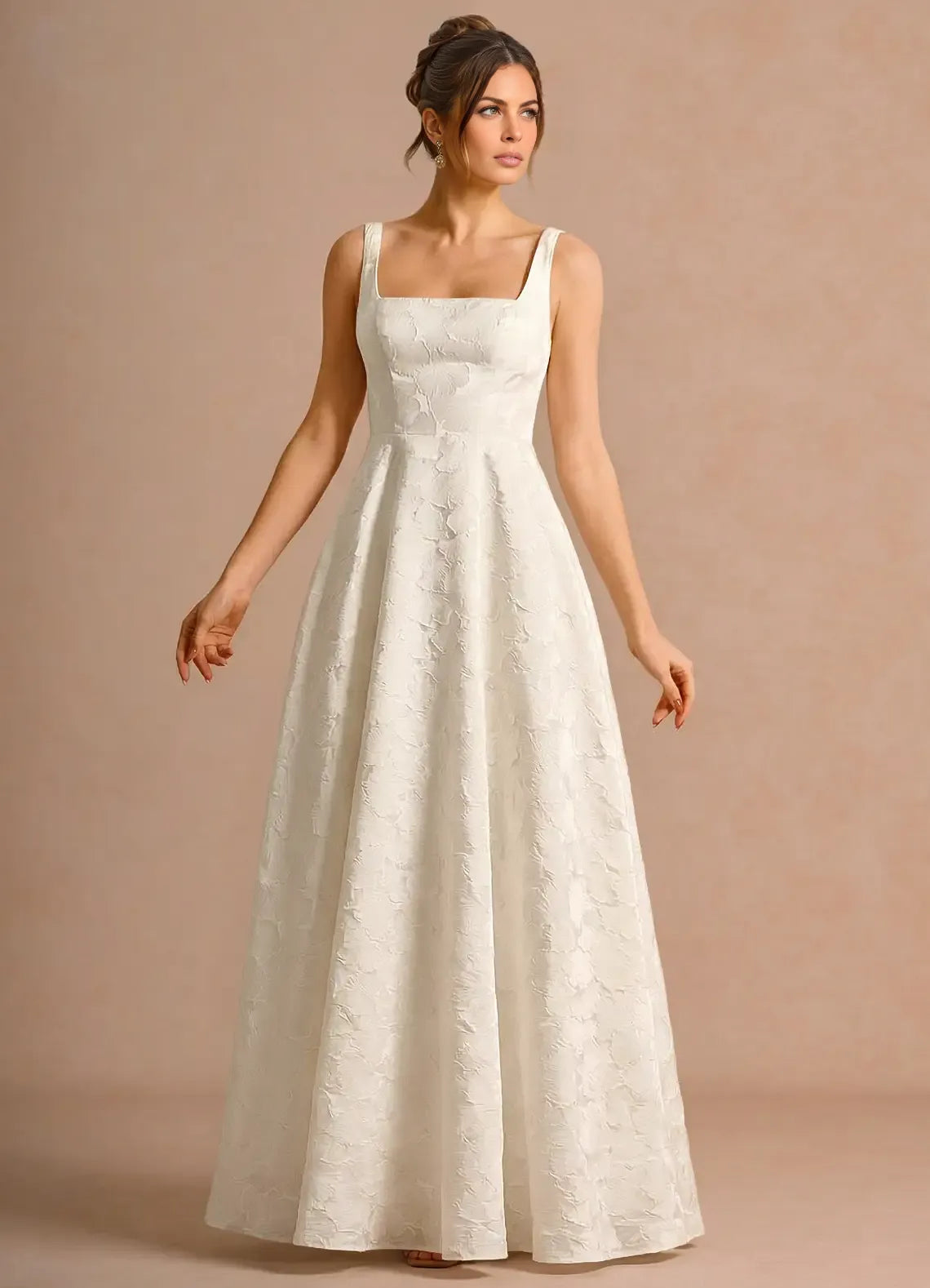 Elegant A-line Square Sleeveless Jacquard Maxi Lace-up Back Wedding Guest Dress