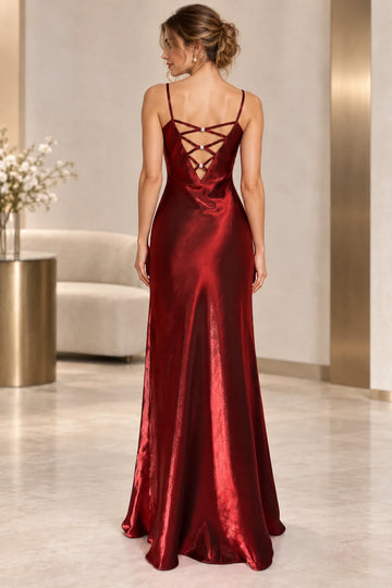 Polished Burgundy Satin Sheath Scoop Neck Sleeveless Crisscross Back Maxi Evening Dress