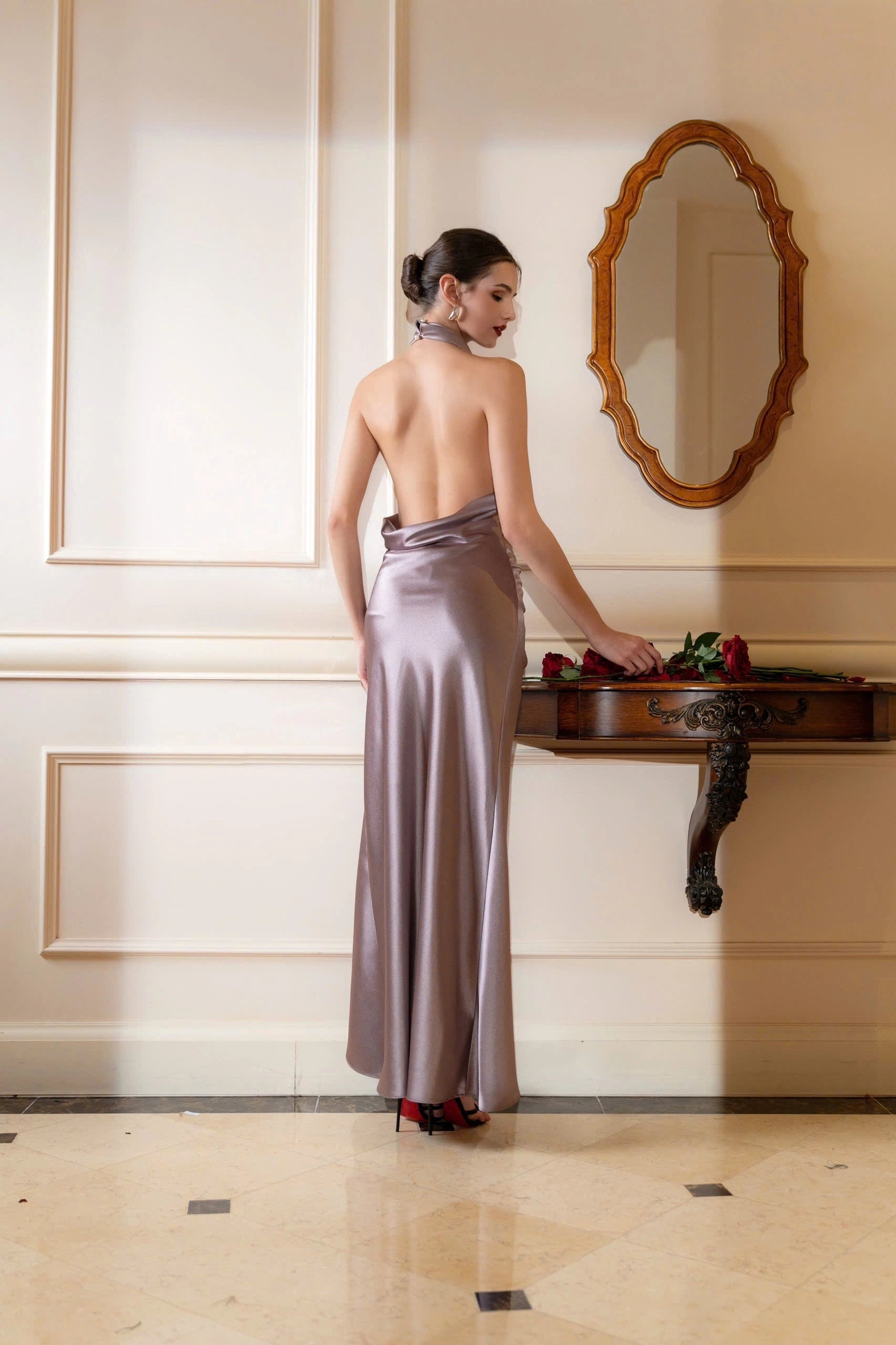 Satin Sheath Halter Cowl Backless Slit Maxi Prom Dress