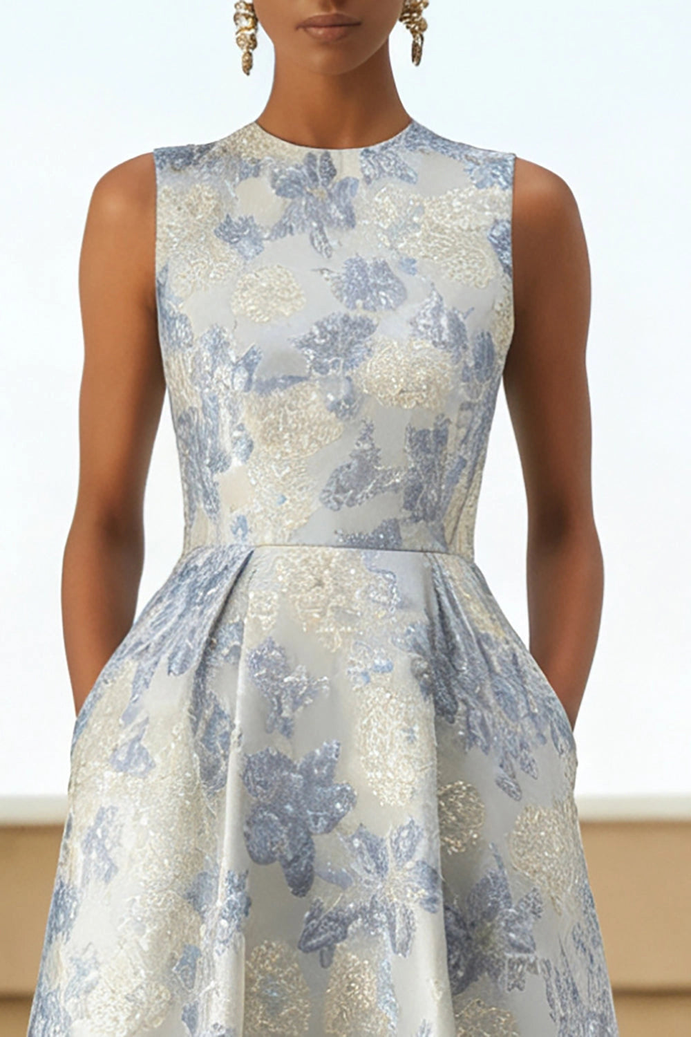 Floral A-line Crew Neck Zipper Back Midi Wedding Guest Dress
