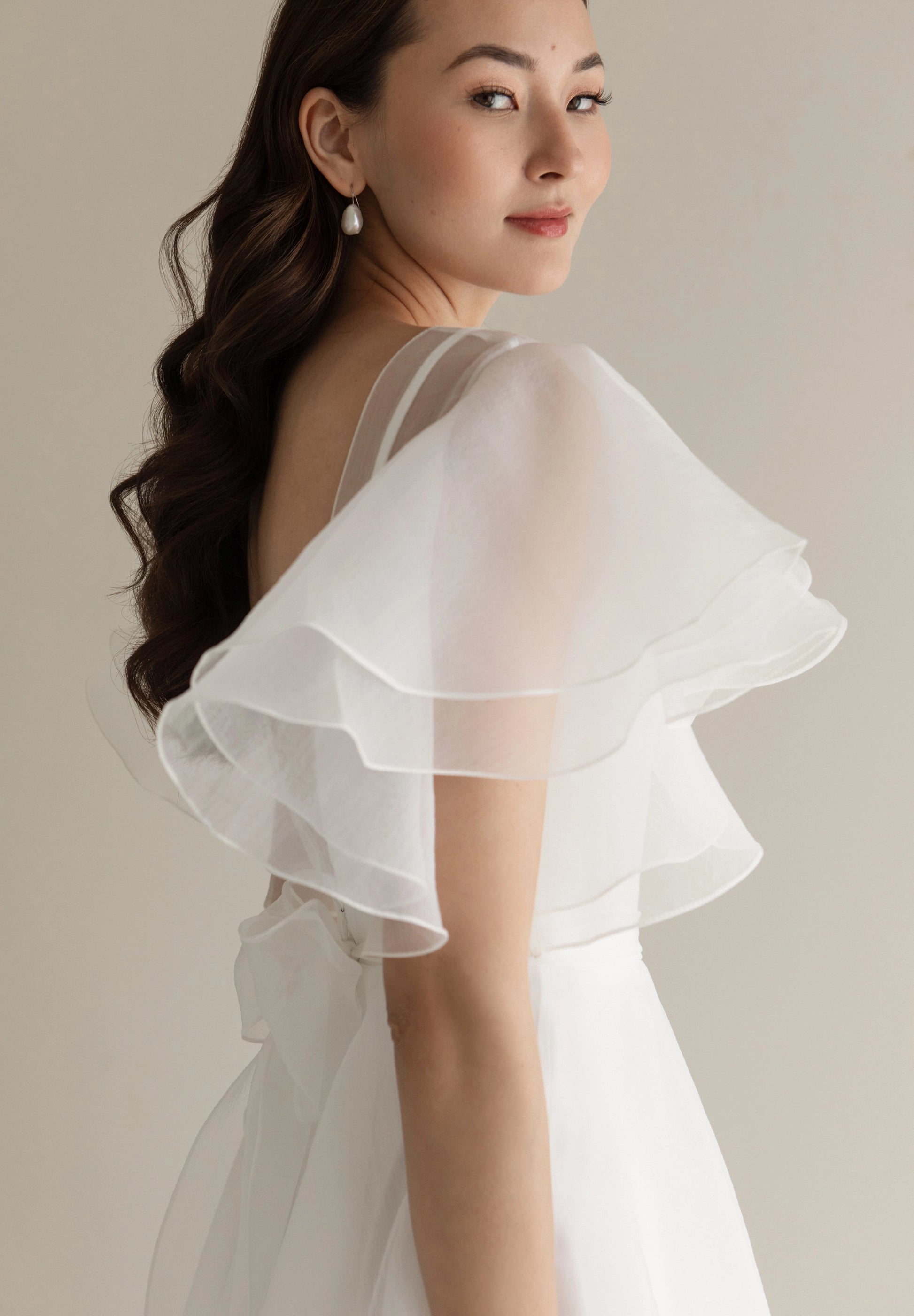 Sheer Boat Neck A-Line Flutter Sleeve Open Back Chapel Train Simple Wedding Bridal Gown