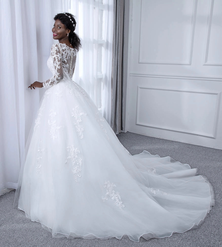 Classic A Line Illusion Round Long Sleeve V Back Chapel Train Wedding Dress