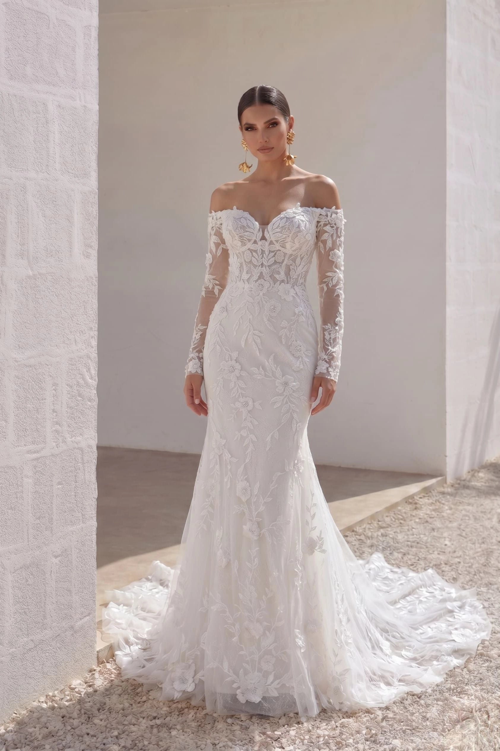 Romantic Mermaid Off Shoulder Long Sleeve Lace Up Train Destination Wedding Dress