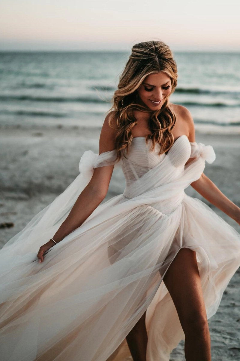 Dreamy A-Line Sweetheart Off Shoulder Bow Sleeve Lace Up Back Train Wedding Prom Dress