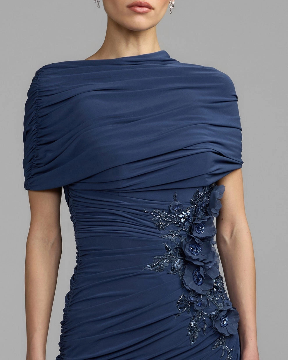 Navy Mermaid Draped Neck Short Sleeve V‑Back Long Mother Of The Bride Dress