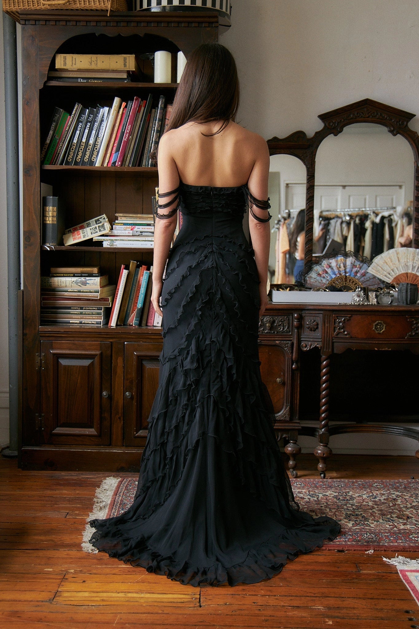 Vedress multi‑loop shoulder straps low open‑back ruffled chiffon formal gown rear shot