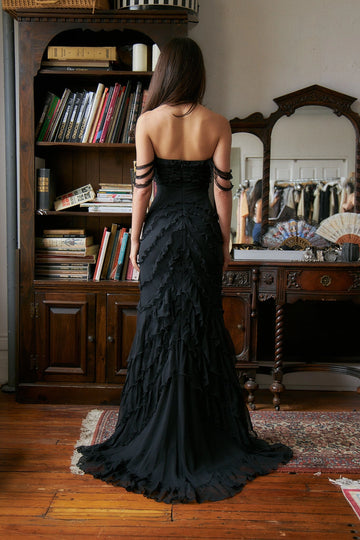 Vedress multi‑loop shoulder straps low open‑back ruffled chiffon formal gown rear shot