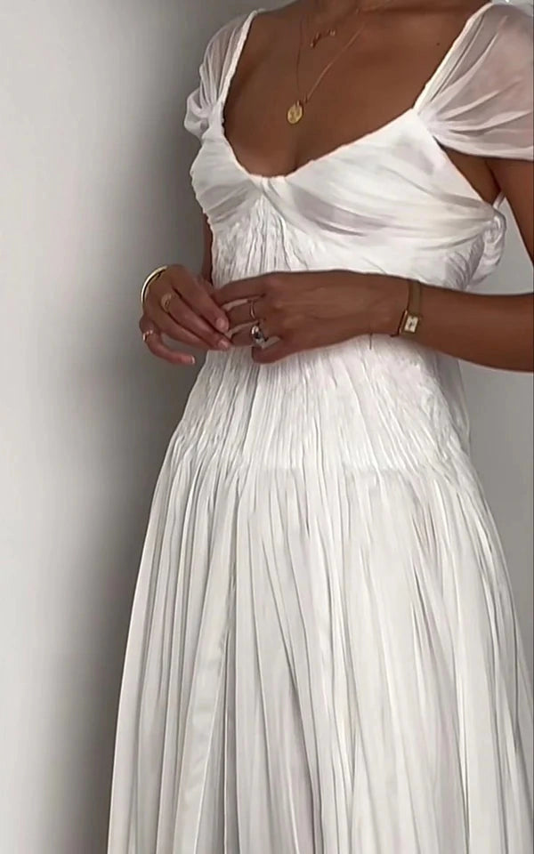 Soft Minimal Flowy A-Line Square Neck Short Puff Sleeve Low Back Court Train Bridal Wedding Dress