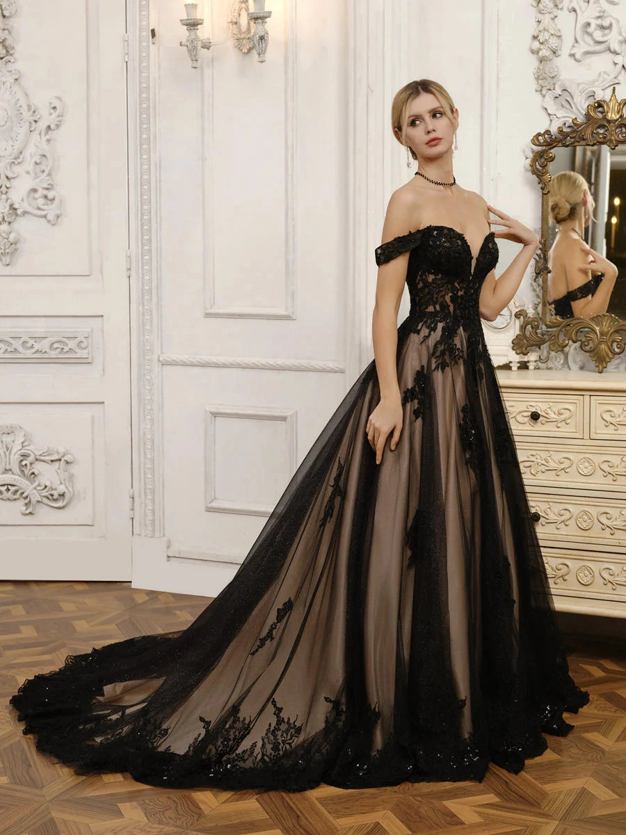 Black Lace Sparkly A-Line Sweetheart Off Shoulder Corset Lace-Up Train Prom Gown
