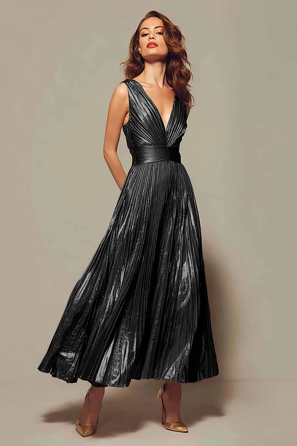 Elegant A‑Line V‑Neck Sleeveless V‑Back Floor‑Length Bridesmaid Prom Dress