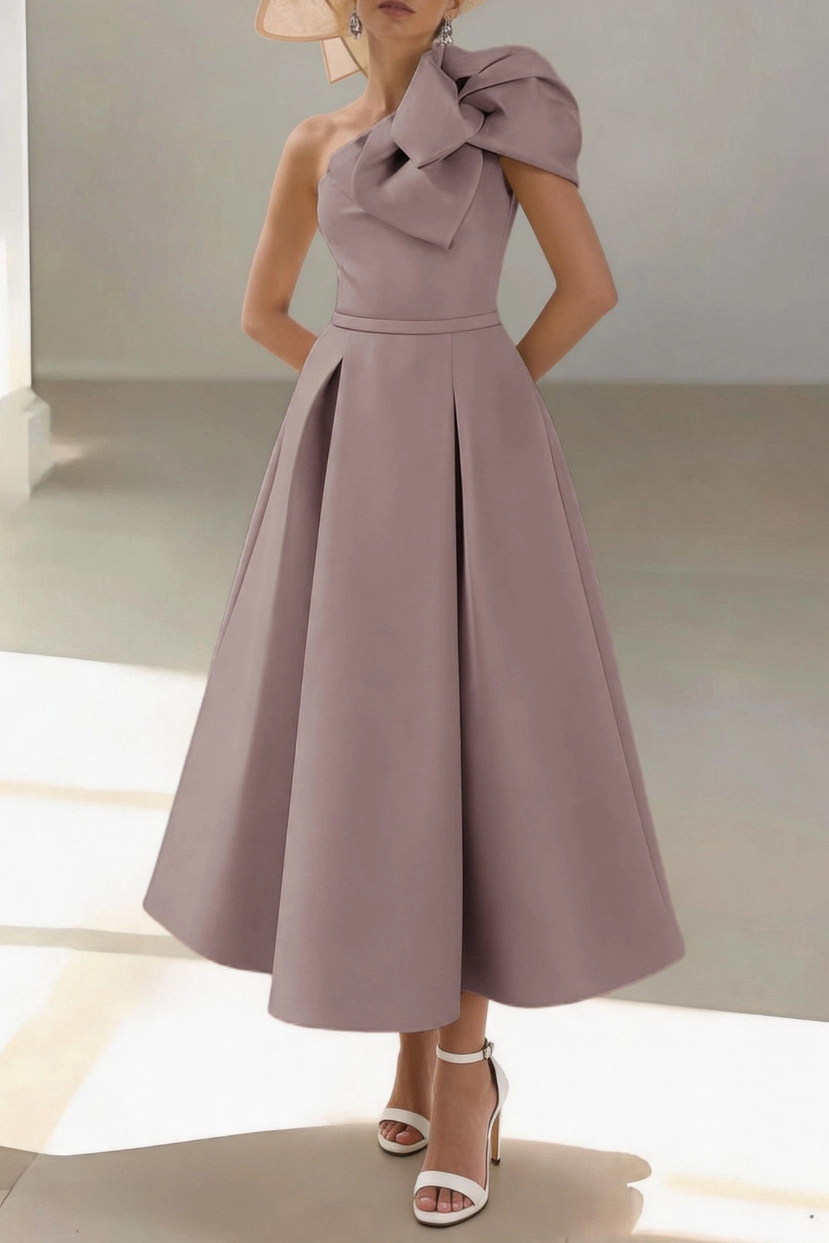 Elegant A-Line One Shoulder Sleeveless Zip Back Midi Mother Of The Bride Dress