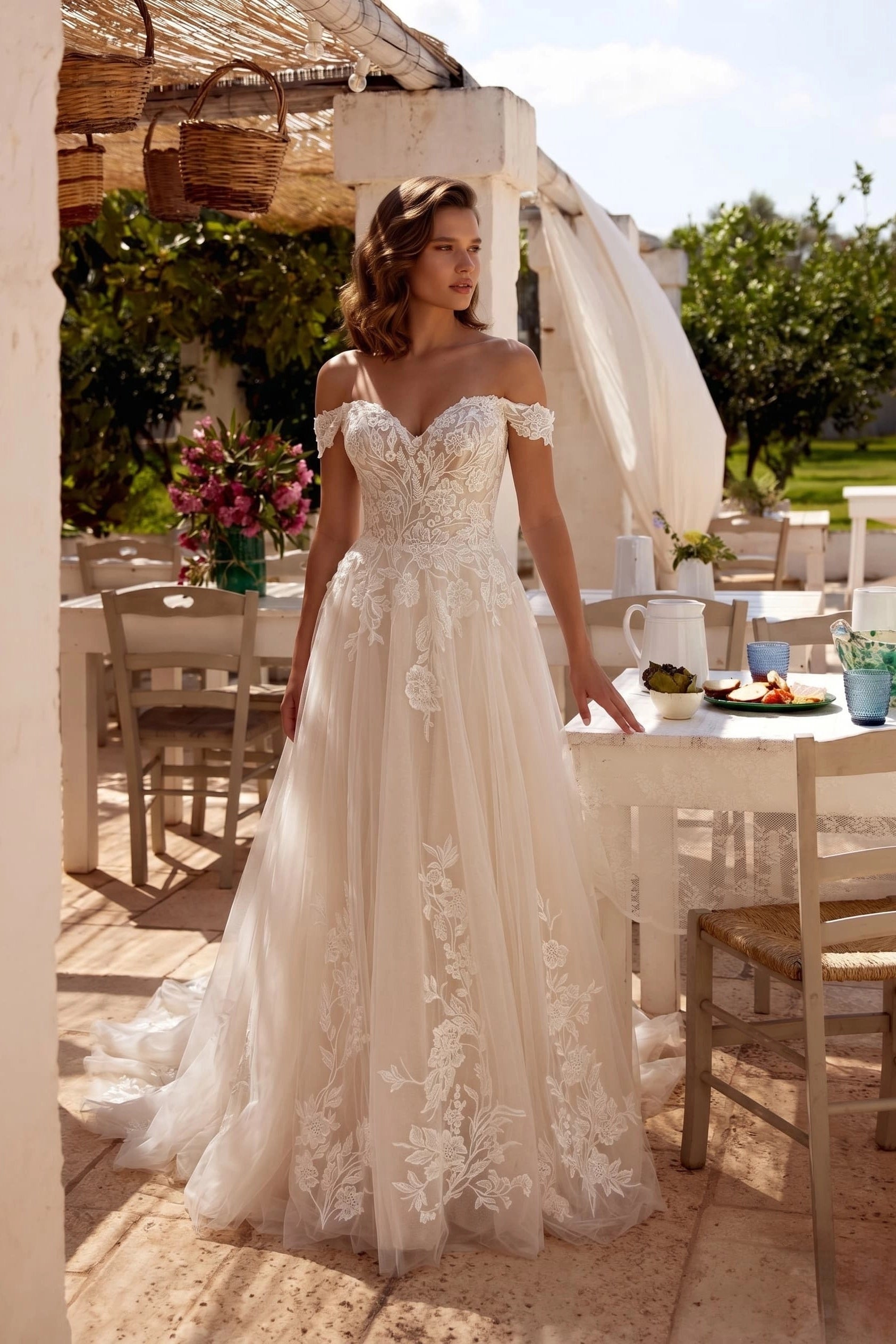 Romantic A-Line Off Shoulder Zip Back Lace Wedding Dress With Train