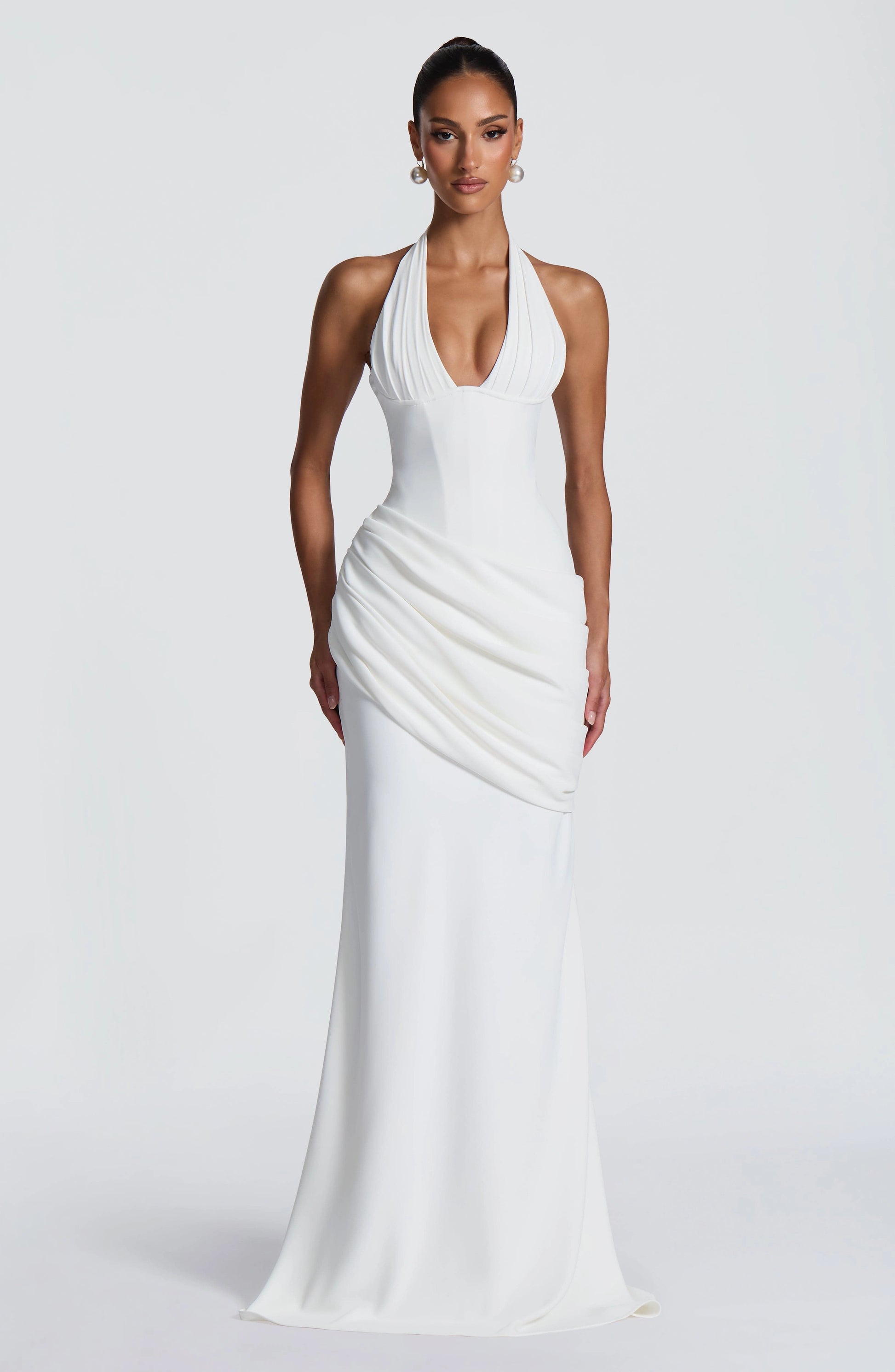 Fitted Mermaid Halter Sleeveless Lace Up Back Floor Length Wedding Dress