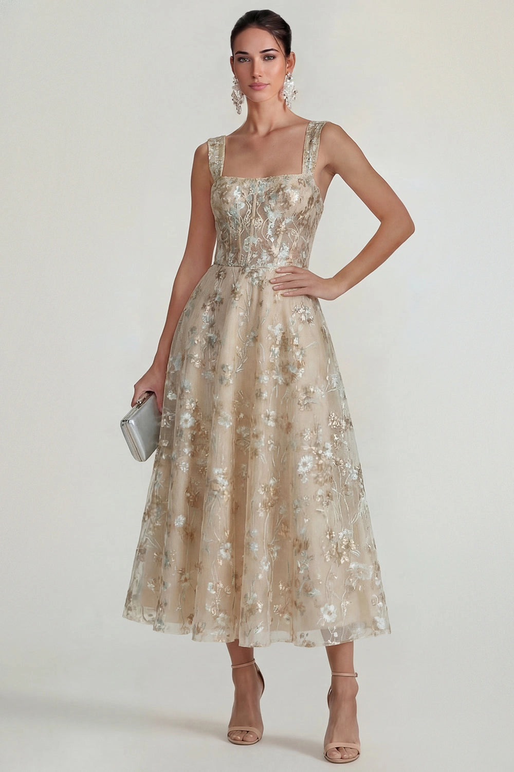 Blush Floral A-Line Square Neck Sleeveless Sheer Corset Back Midi Prom Dress