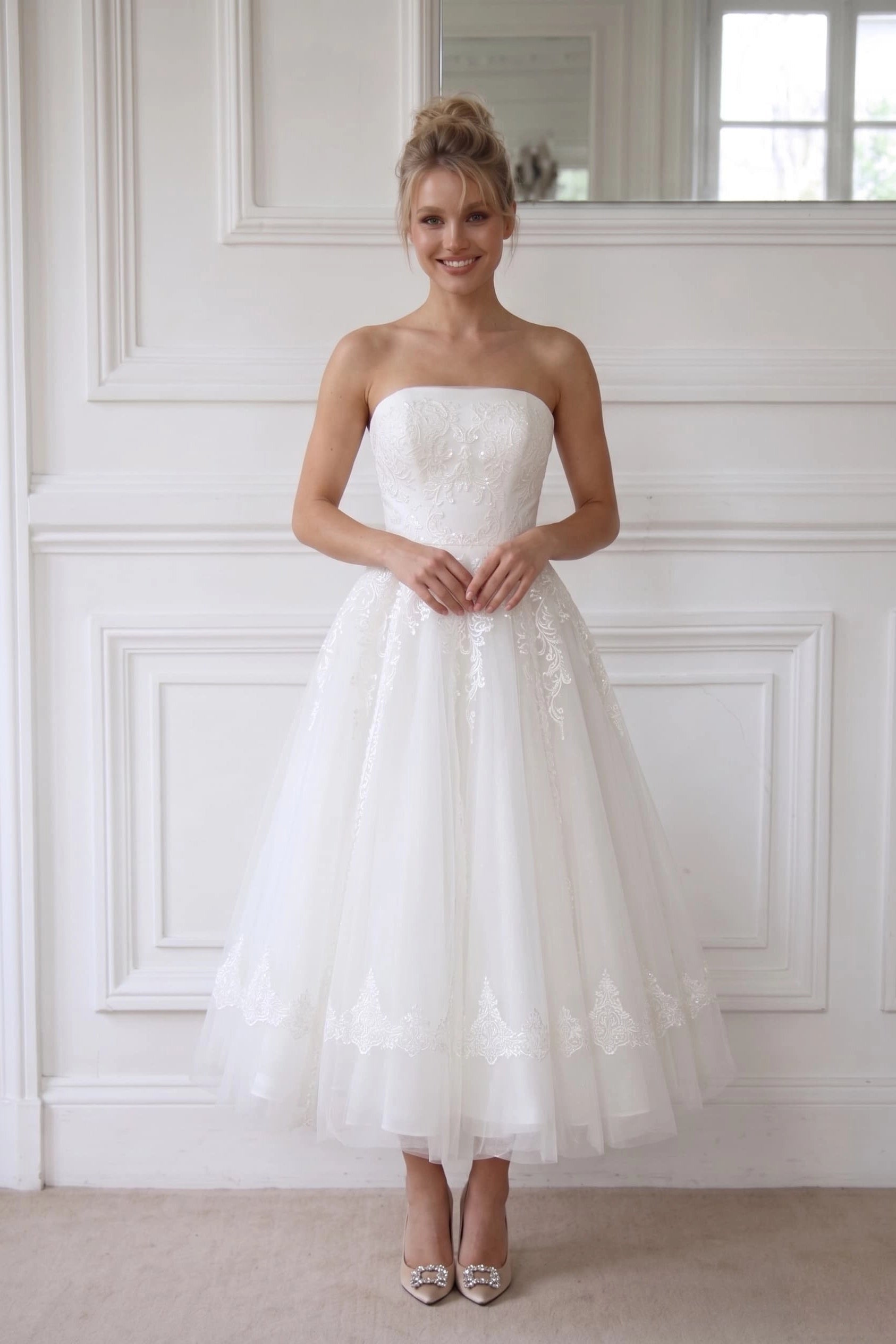 Vedress Vintage Strapless Lace Tea Length Midi Wedding Dress A Line Plain Back