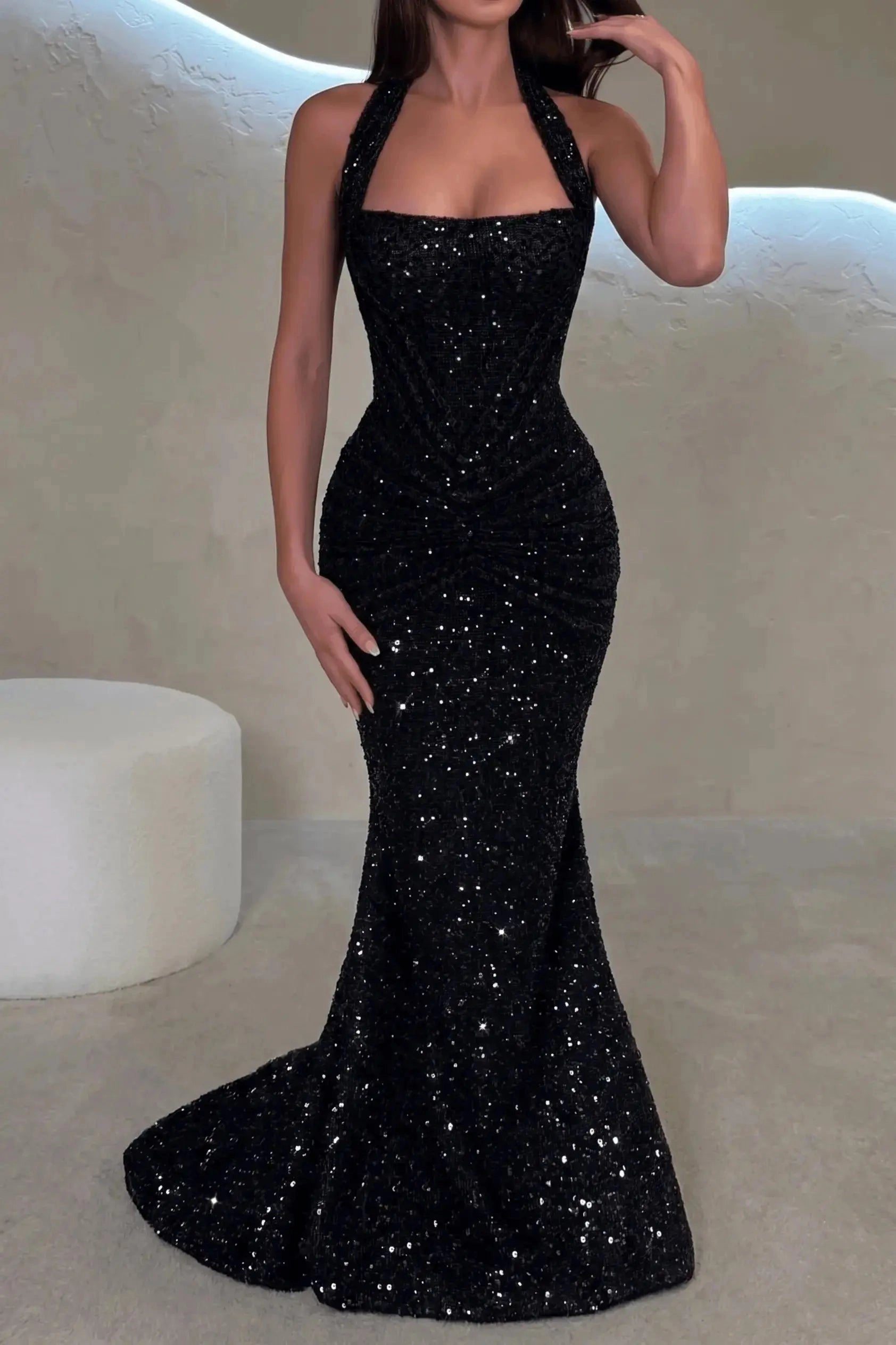 Glamorous Mermaid Halter Sleeveless Lace‑Up Back Long Prom Dress