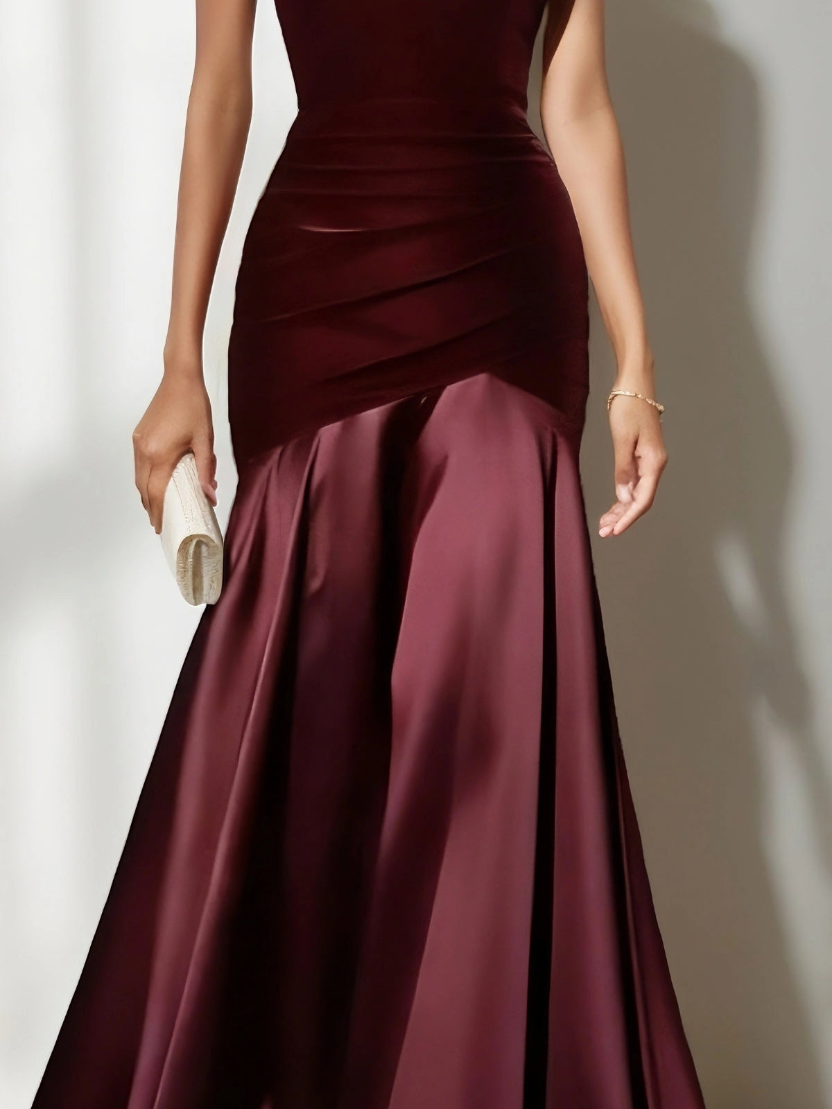 Burgundy Mermaid One‑Shoulder Velvet Satin Mother of the Bride Dress