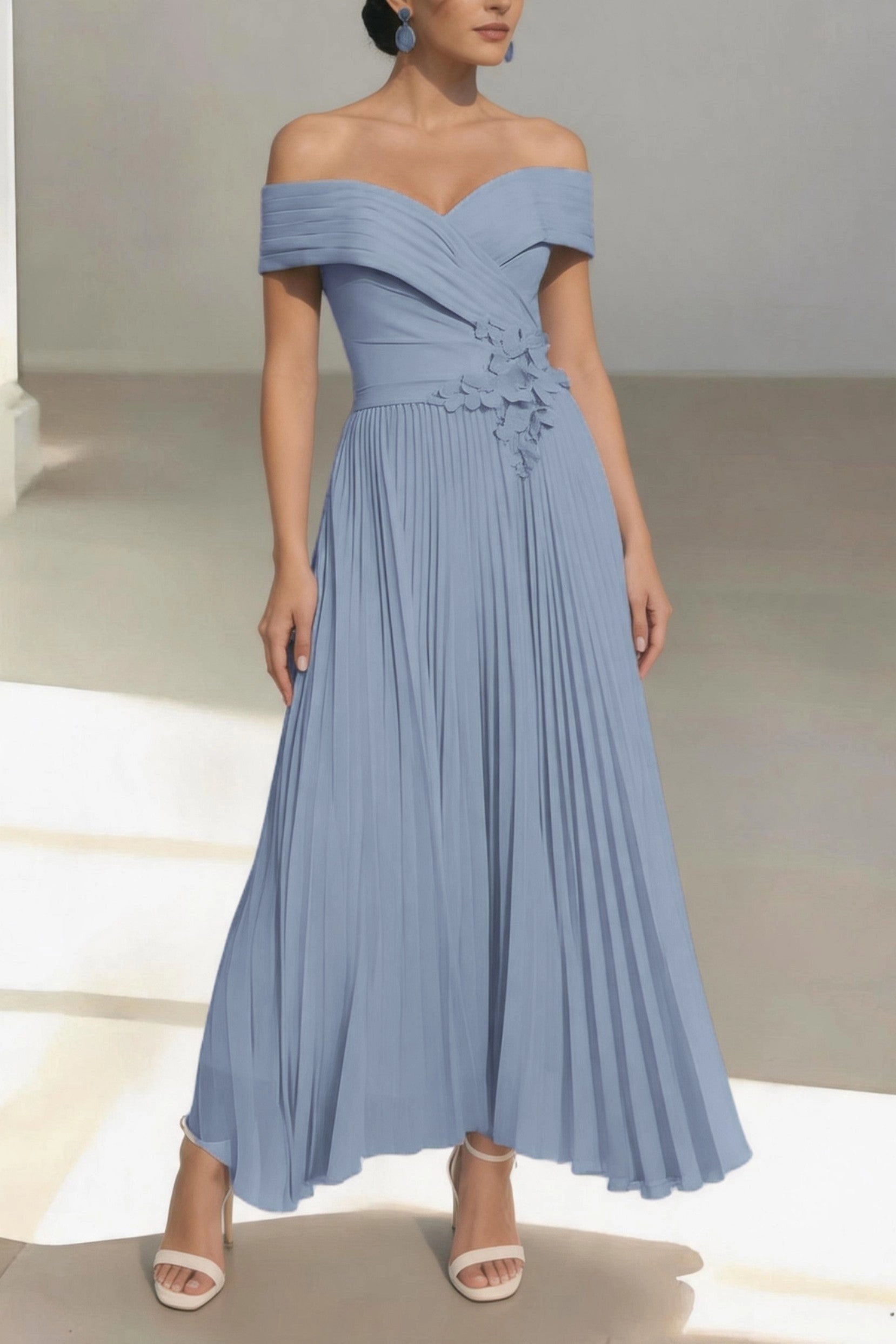 Romantic Pleated A-Line Off Shoulder Short Sleeve Zip Back Midi Mother Of The Bride Dress