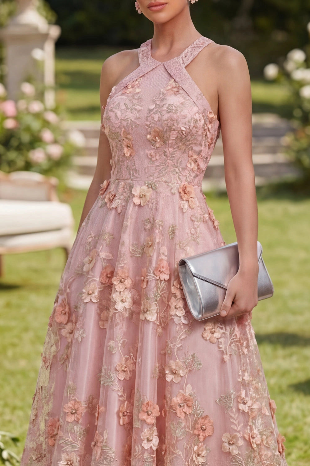 Dusty Pink 3D Floral Halter Criss Cross Back A-Line Floor Length Prom Dress