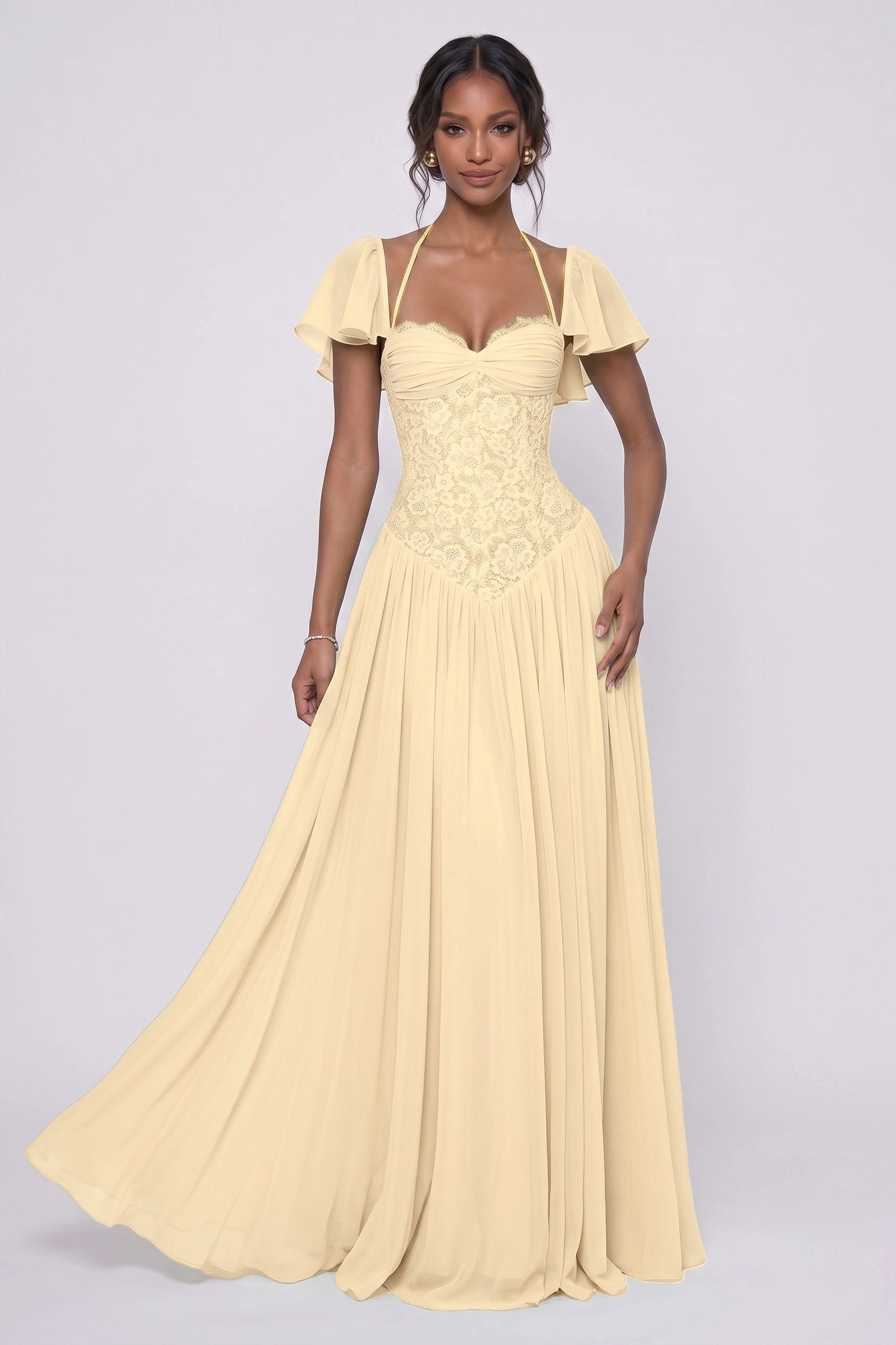 Romantic A-Line Sweetheart Flutter Sleeves Lace-Up Back Floor-Length Wedding Guest Dress