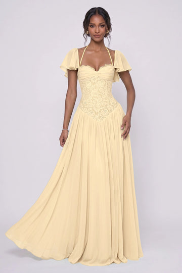 Romantic A-Line Sweetheart Flutter Sleeves Lace-Up Back Floor-Length Wedding Guest Dress