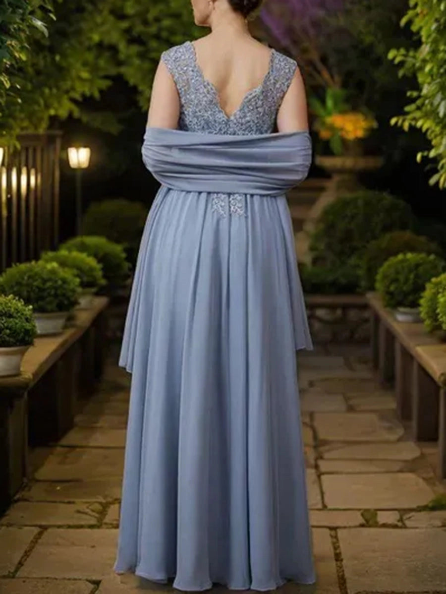 Vedress Dusty Blue Chiffon Gown Sleeveless Deep V‑Back Lace Mother Of The Bride Dress Back View