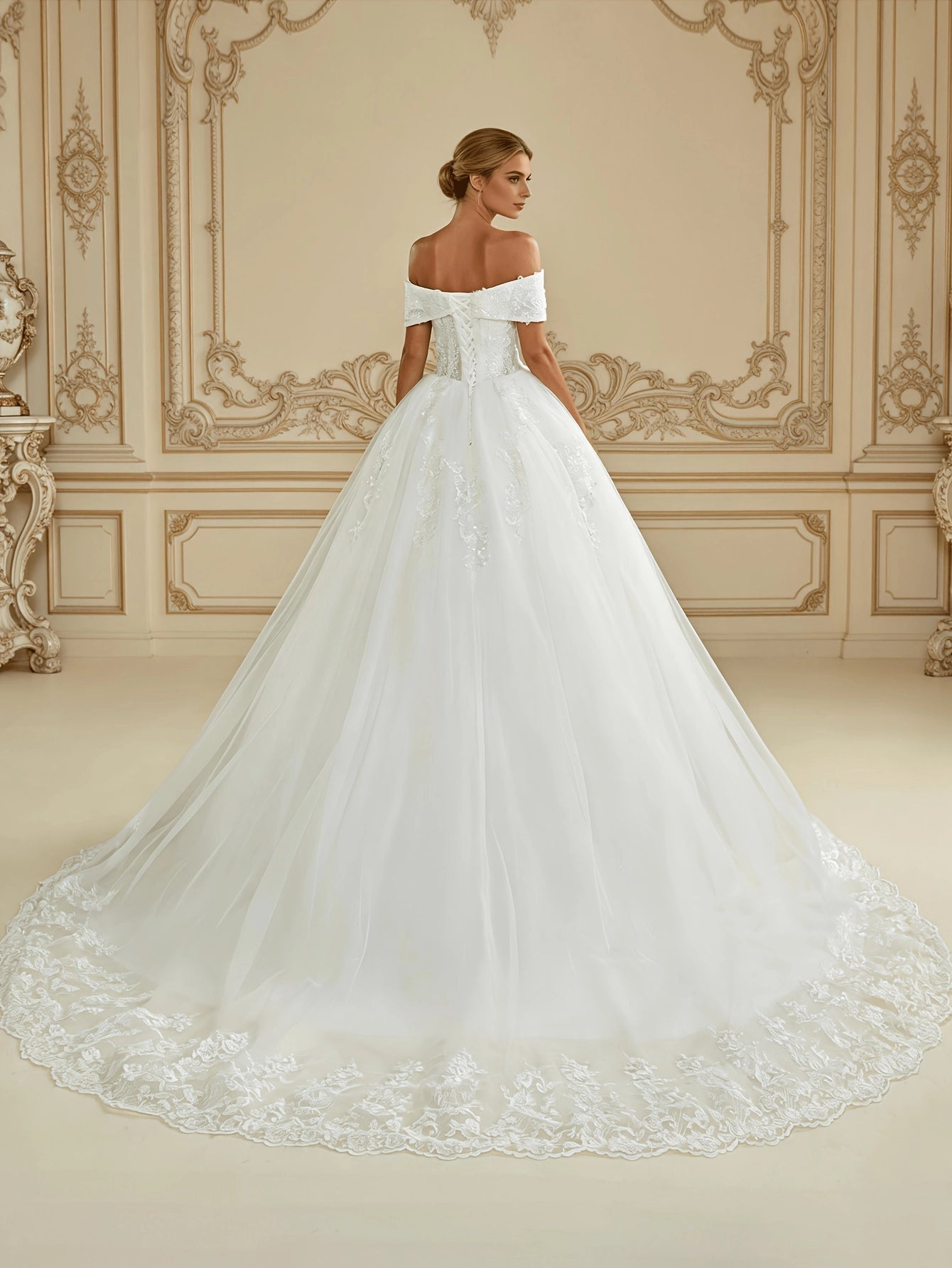 Romantic Ballgown Off Shoulder Short Sleeve Lace Up Back Cathedral Train Bridal Wedding Dress