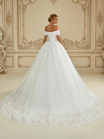 Romantic Ballgown Off Shoulder Short Sleeve Lace Up Back Cathedral Train Bridal Wedding Dress