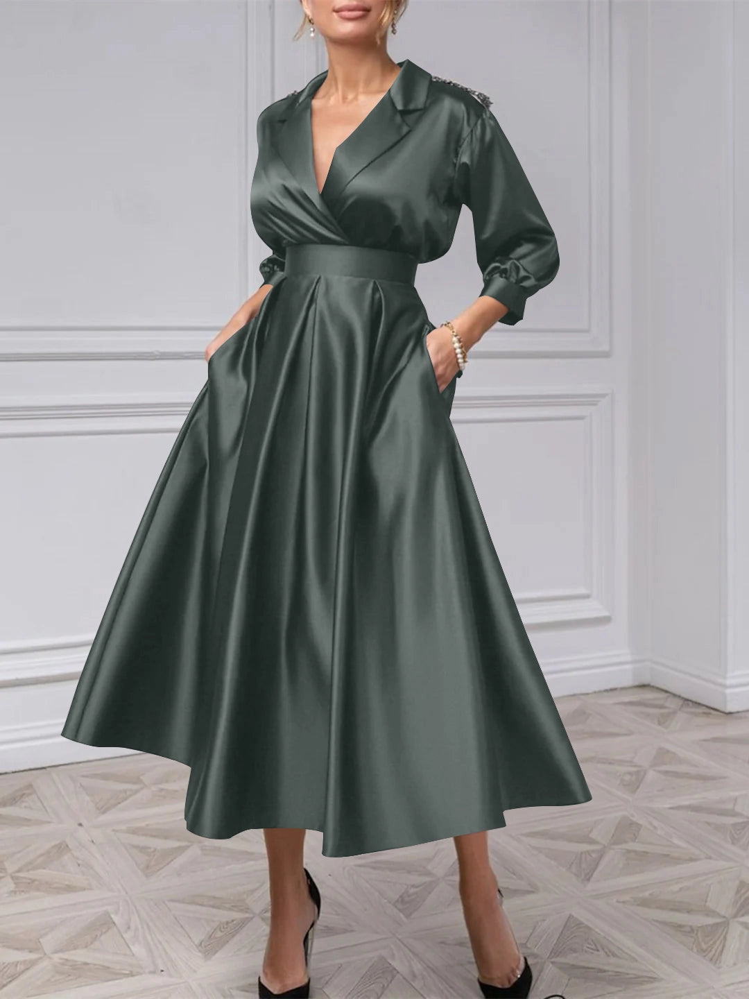 Sophisticated A‑Line Lapel‑V 3/4‑Sleeve Tie‑Back Midi Mother Of The Bride Dress
