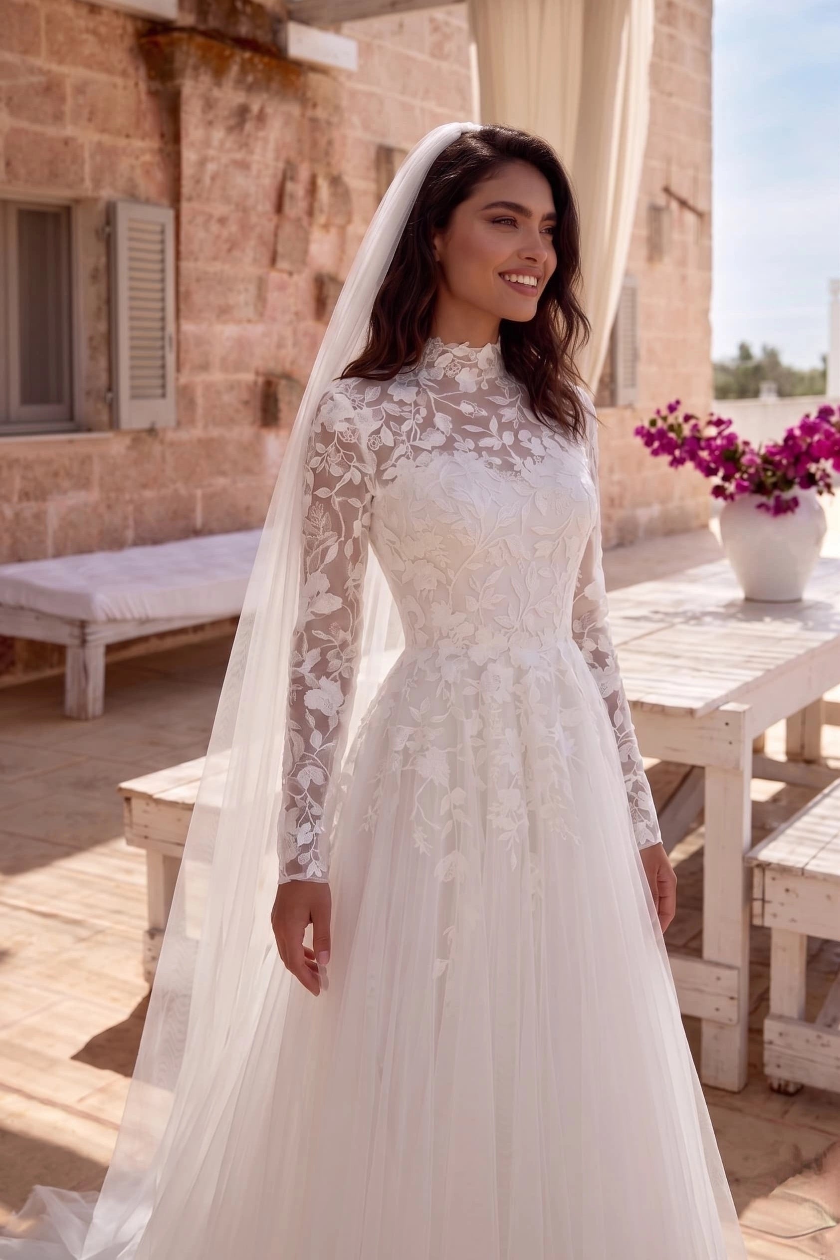 Vintage A line High Neck Long Sleeve Zipper Back Train Modest Wedding Dress