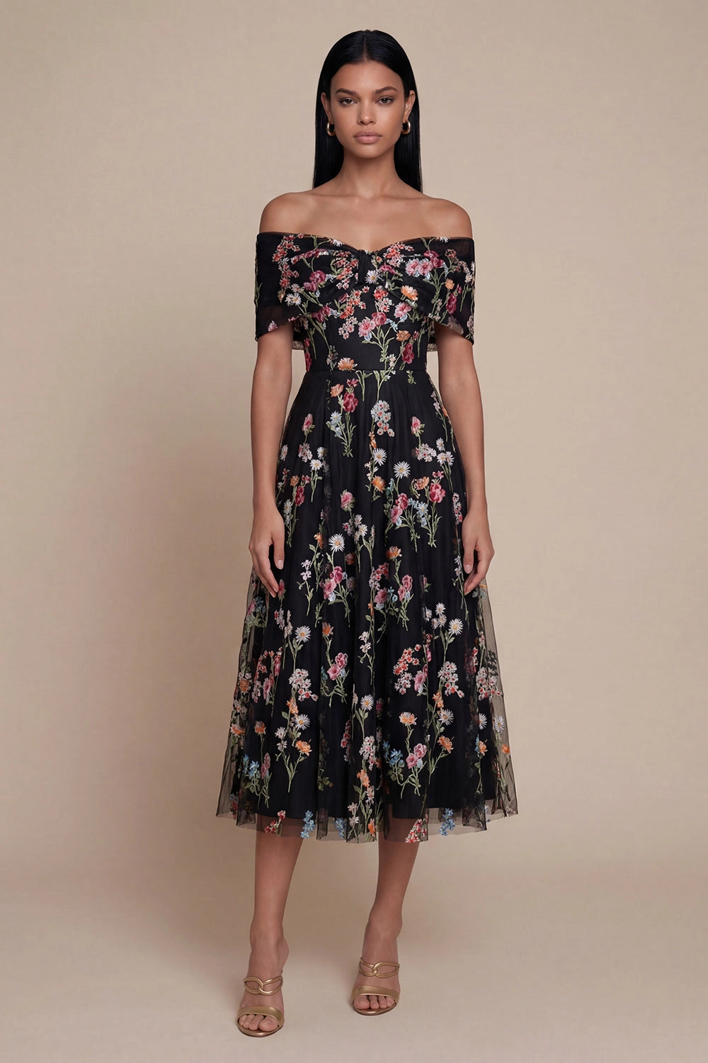 Off Shoulder Colorful Floral Embroidered Tulle Midi Wedding Guest Dress