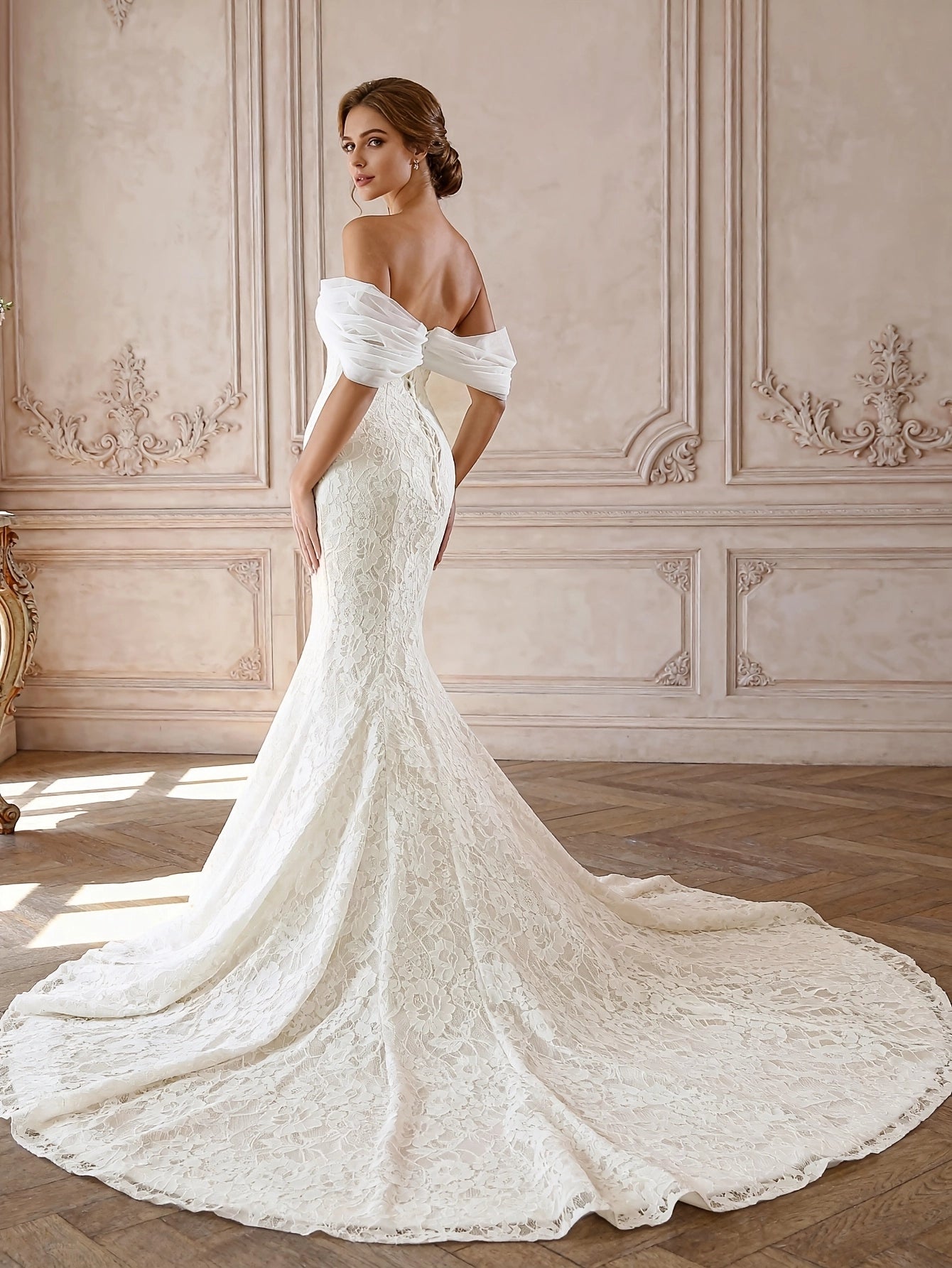 Luxury Mermaid Sweetheart Off Shoulder Lace Up Back Cathedral Train Bridal Wedding Dress