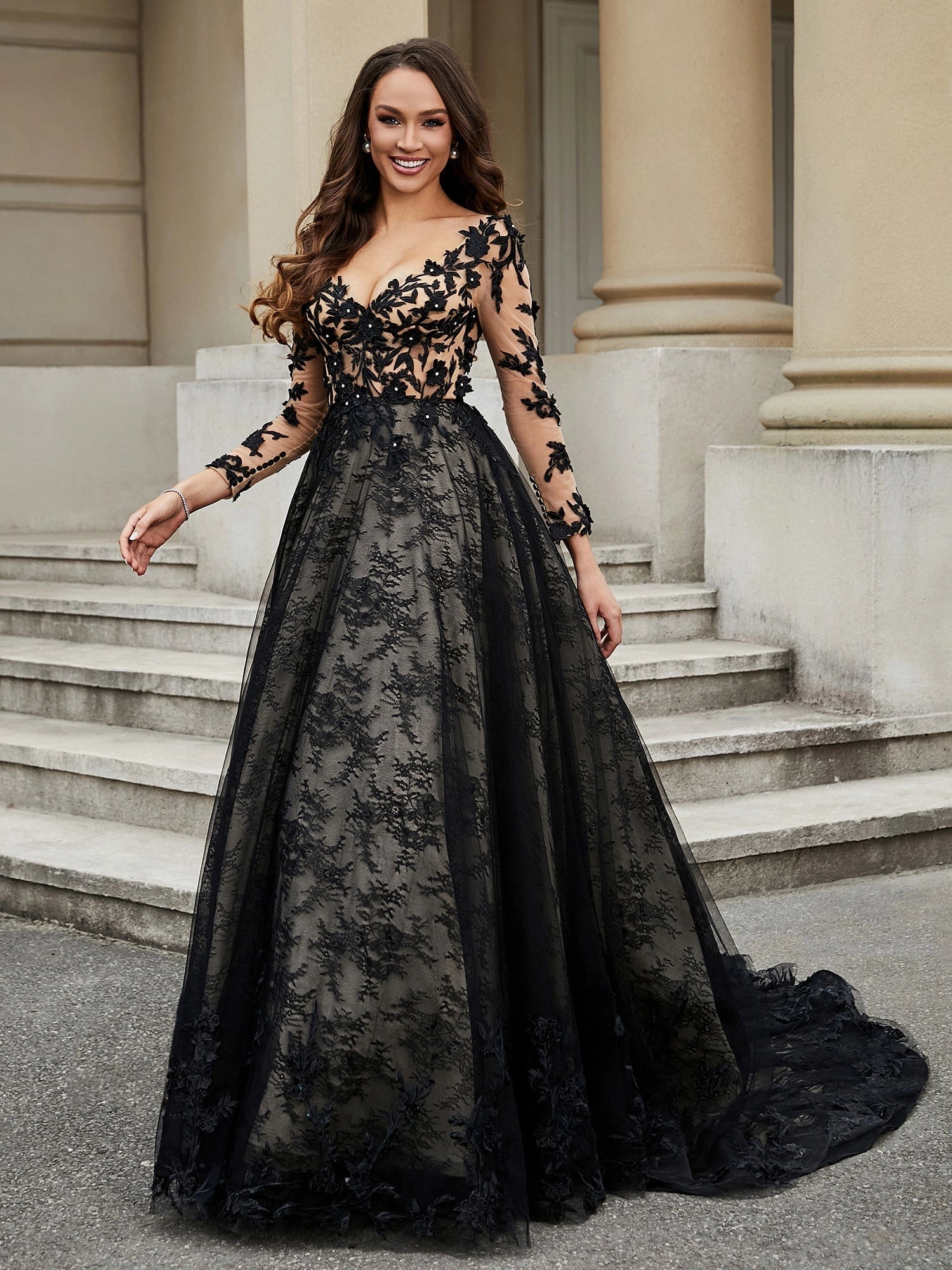 Gothic A-Line Long Sleeve Zip Back Black Lace Wedding Dress With Cathedral Train