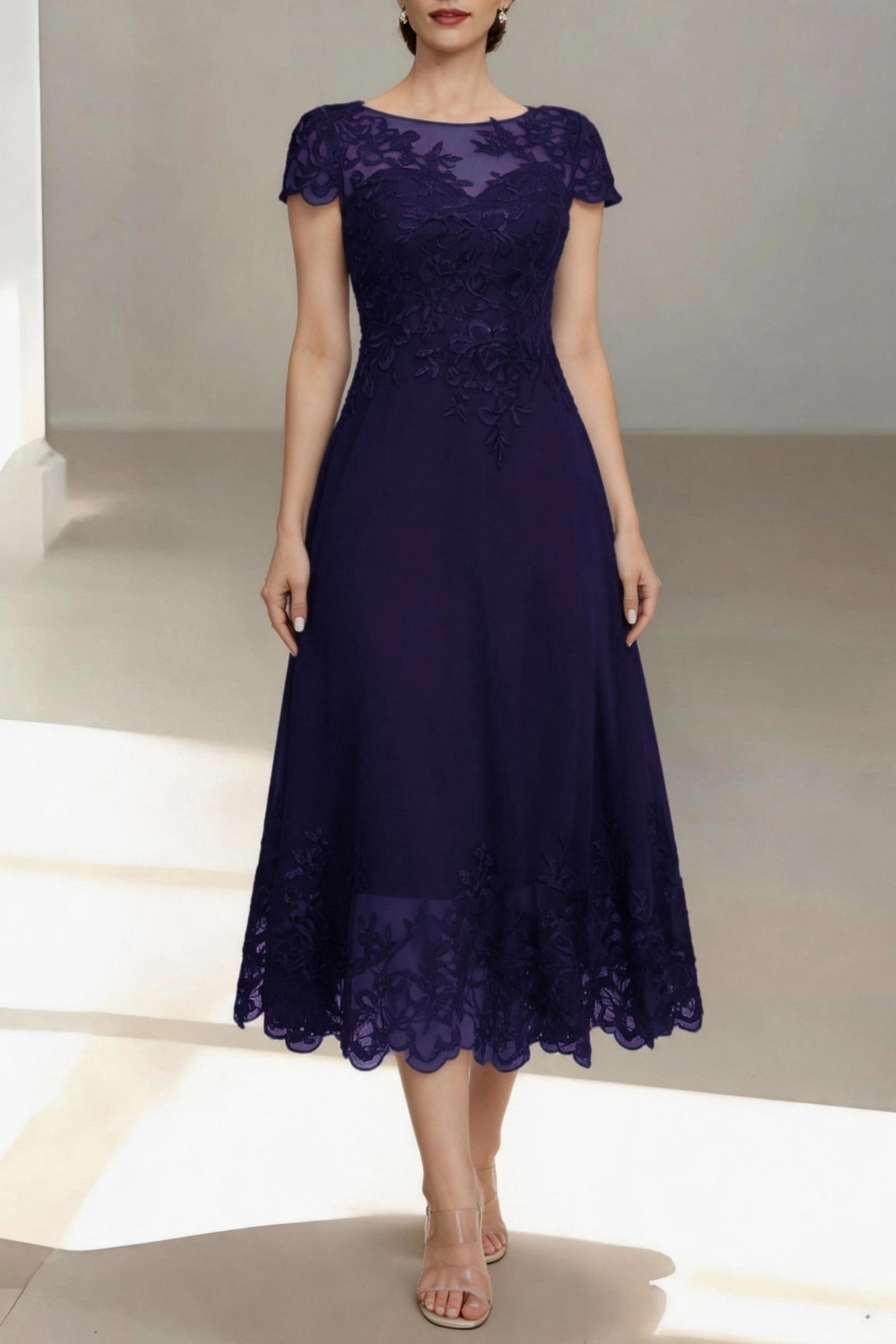 Modest A-Line Bateau Short Sleeve Zip Back Midi Mother Of The Bride Dress