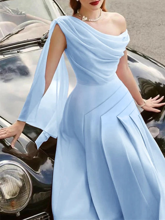 Romantic A‑Line One‑Shoulder Sleeveless Solid‑Back Midi Bridesmaid Dress