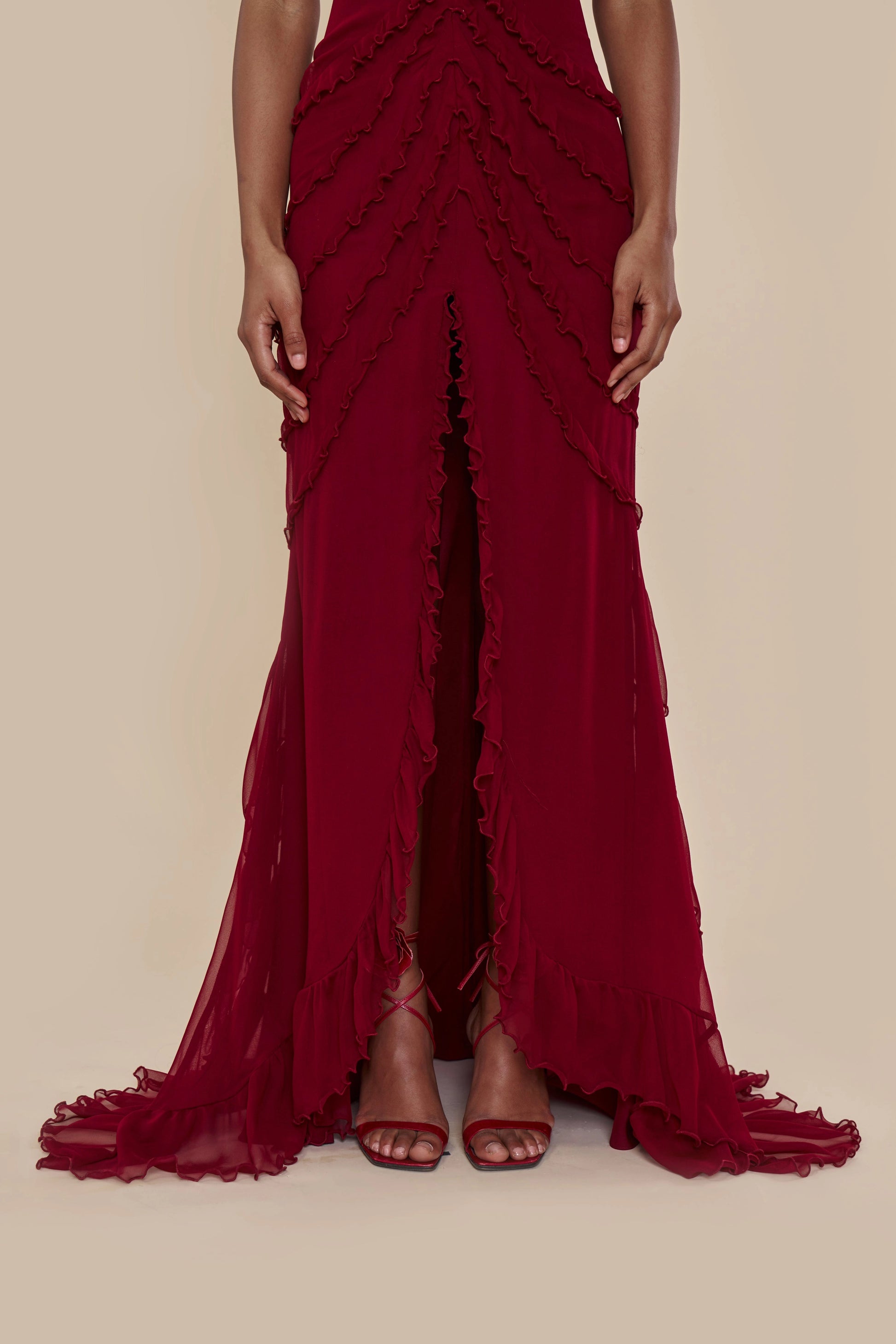 Sultry Mermaid Off‑the‑shoulder Strap‑sleeve Sheer‑back Slit Train‑length Prom Dress
